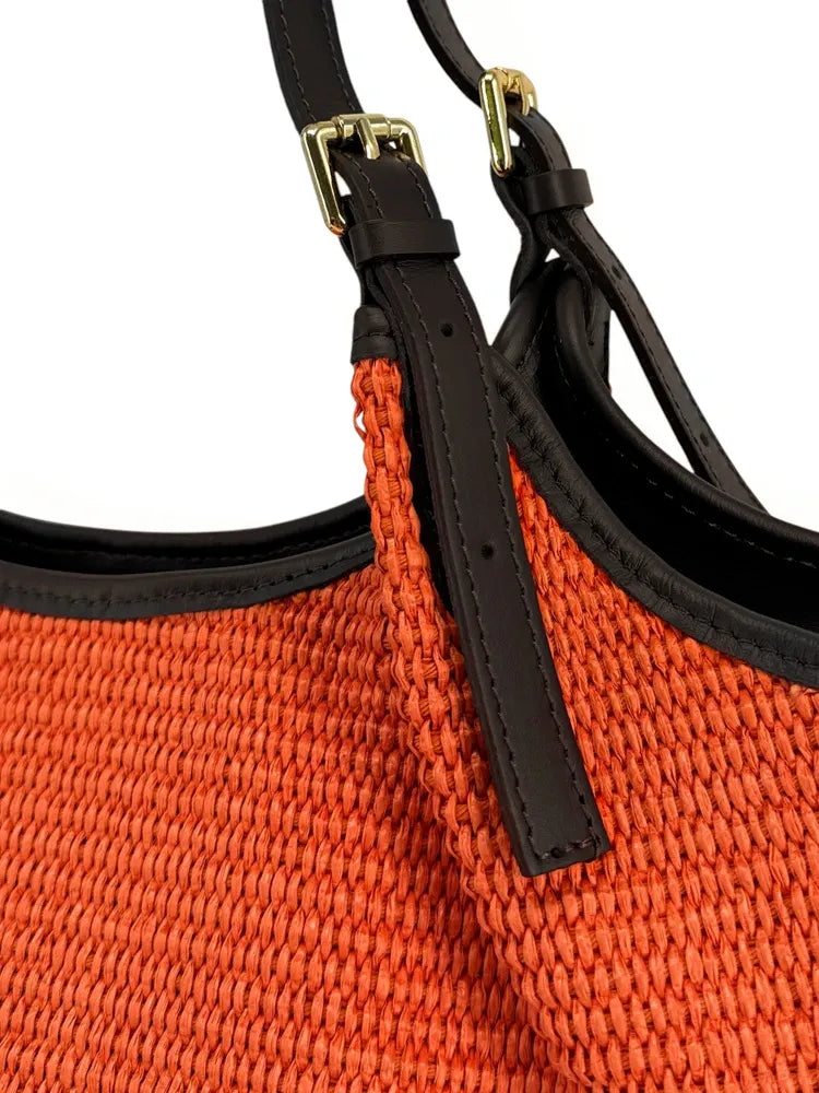 Sac cabas en cuir grainé et raphia IMPERIA Mandarine