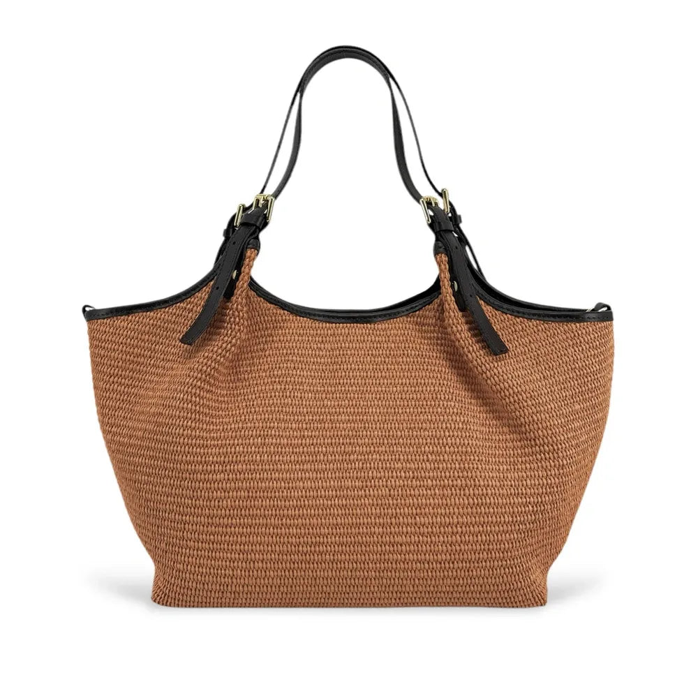 Sac cabas en cuir grainé et raphia IMPERIA Mocha mousse