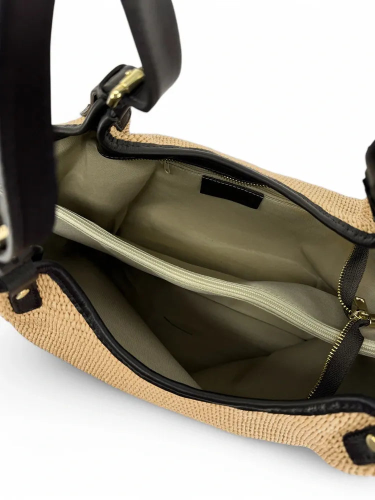 Sac cabas en cuir grainé et raphia IMPERIA Beige crème