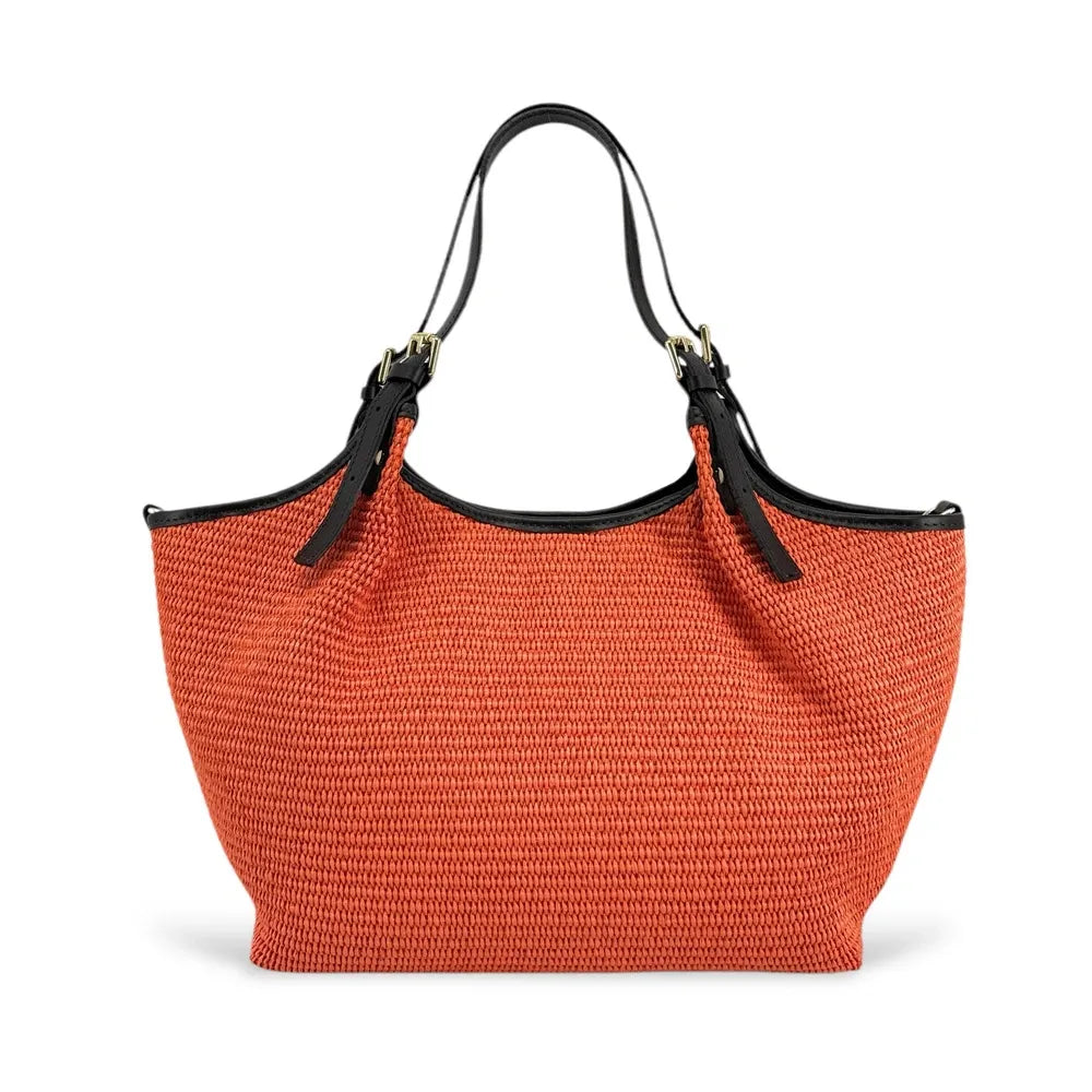 Sac cabas en cuir grainé et raphia IMPERIA Mandarine