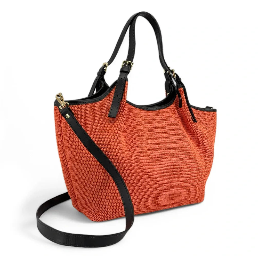 Sac cabas en cuir grainé et raphia IMPERIA Mandarine