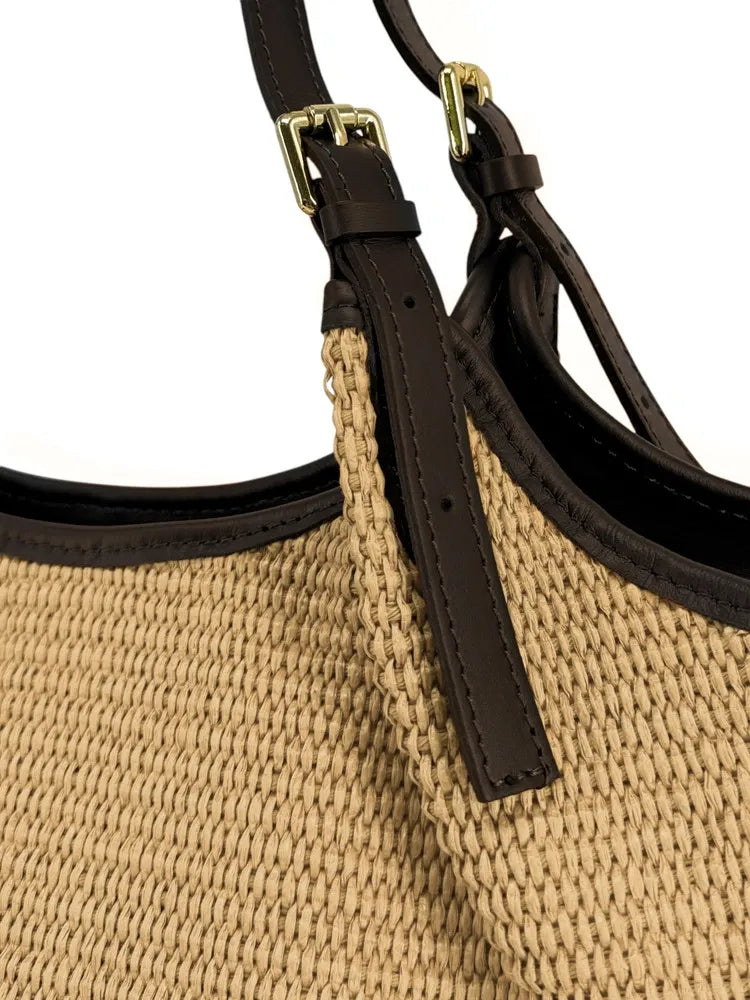 Sac cabas en cuir grainé et raphia IMPERIA Beige crème