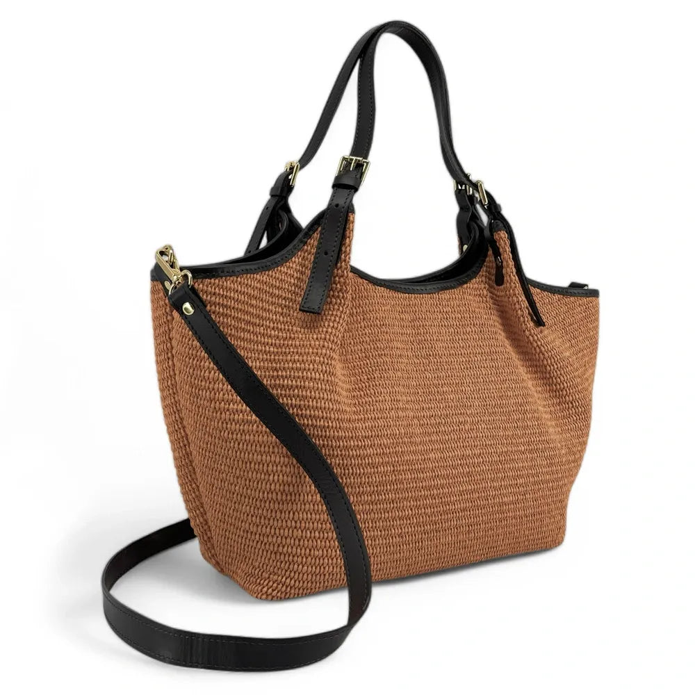 Sac cabas en cuir grainé et raphia IMPERIA Mocha mousse
