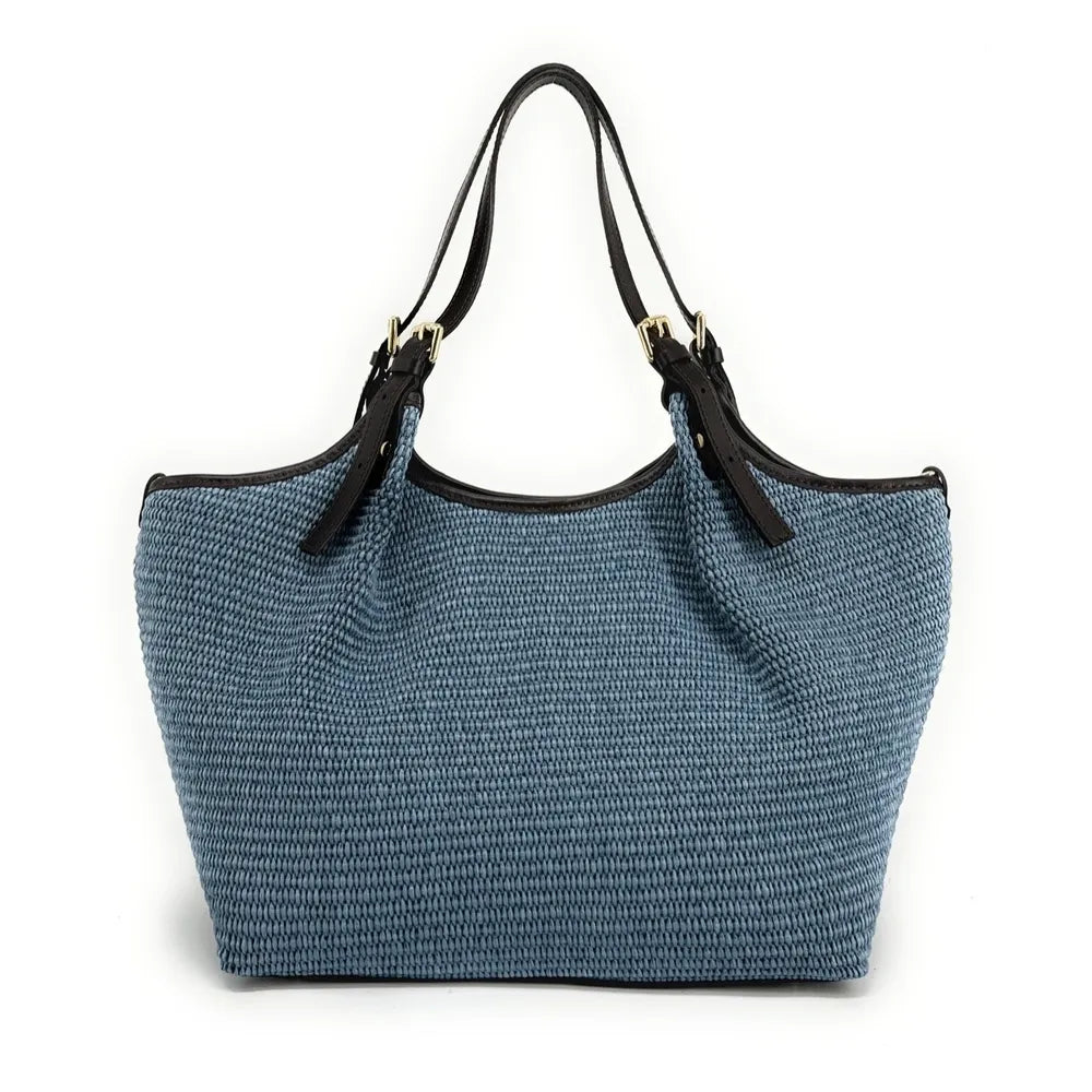 Sac cabas en cuir grainé et raphia IMPERIA Bleu denim
