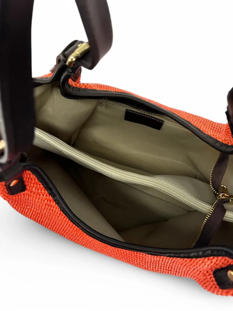Sac cabas en cuir grainé et raphia IMPERIA Mandarine