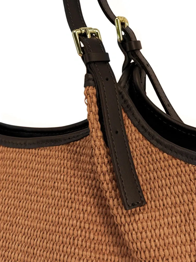 Sac cabas en cuir grainé et raphia IMPERIA Mocha mousse