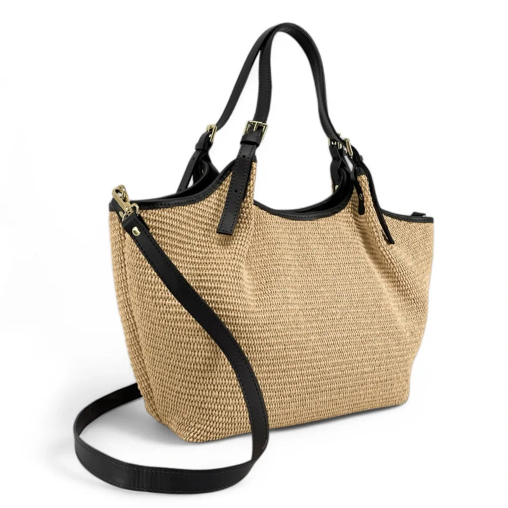 Sac cabas en cuir grainé et raphia IMPERIA Beige crème