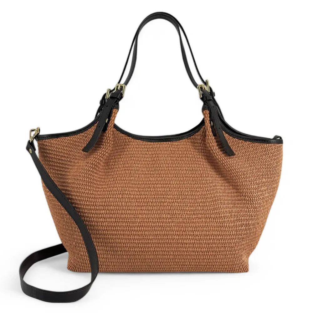 Sac cabas en cuir grainé et raphia IMPERIA Mocha mousse