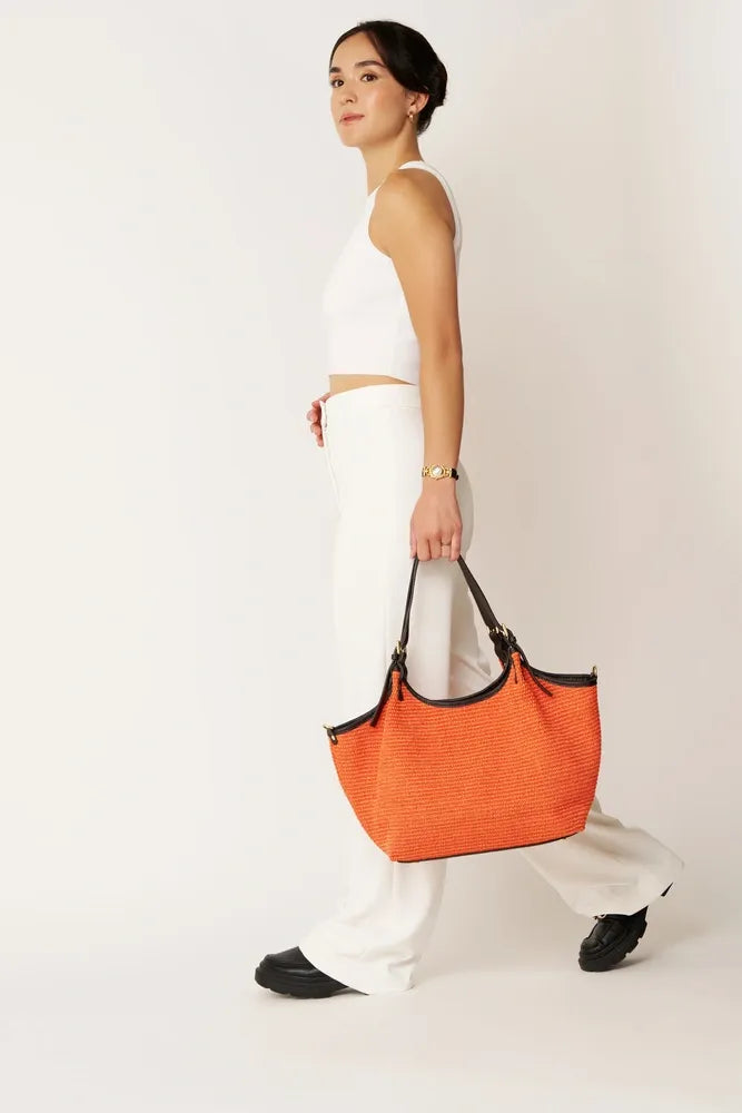 Sac cabas en cuir grainé et raphia IMPERIA Mandarine