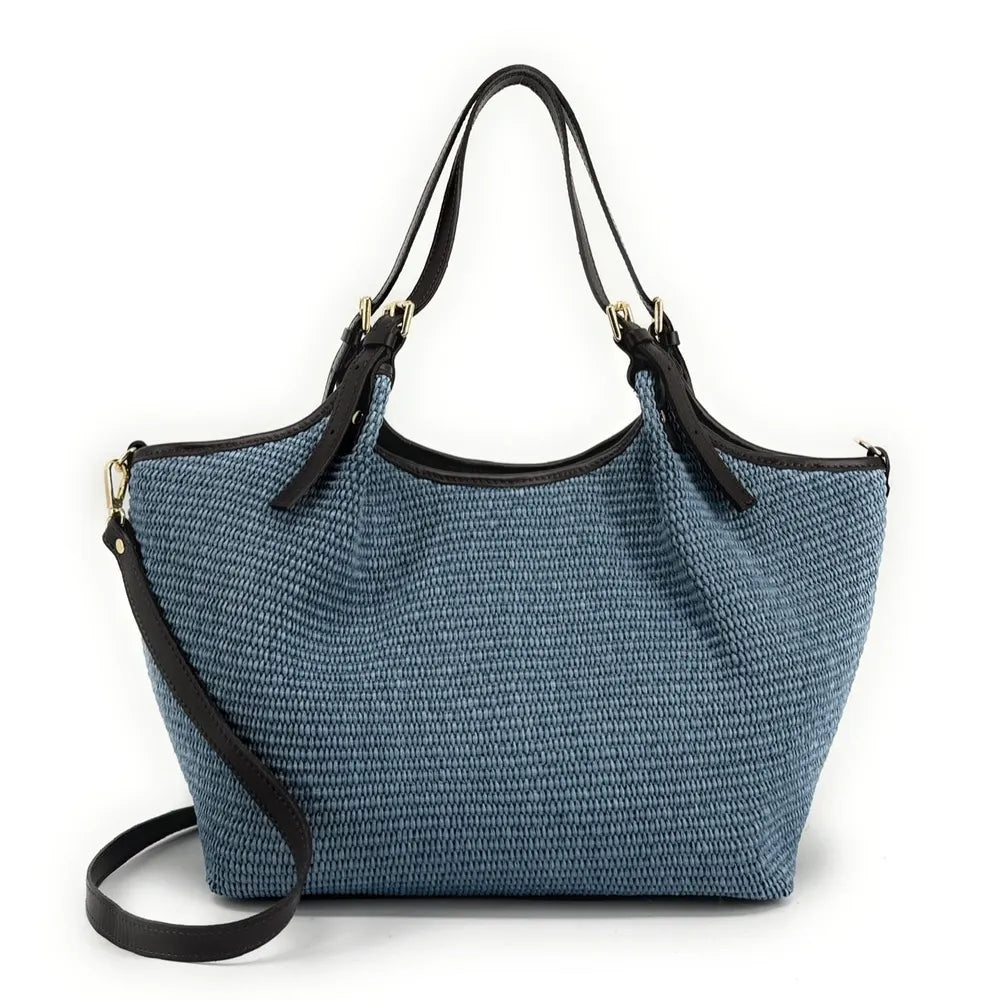 Sac cabas en cuir grainé et raphia IMPERIA Bleu denim