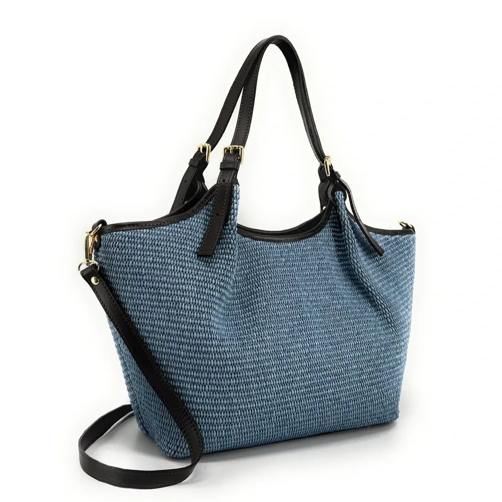 Sac cabas en cuir grainé et raphia IMPERIA Bleu denim