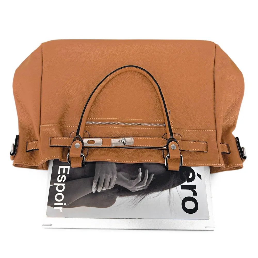 Sac cabas en cuir grainé JANET SILVER Camel foncé