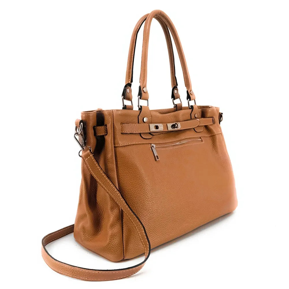 Sac cabas en cuir grainé JANET SILVER Camel foncé