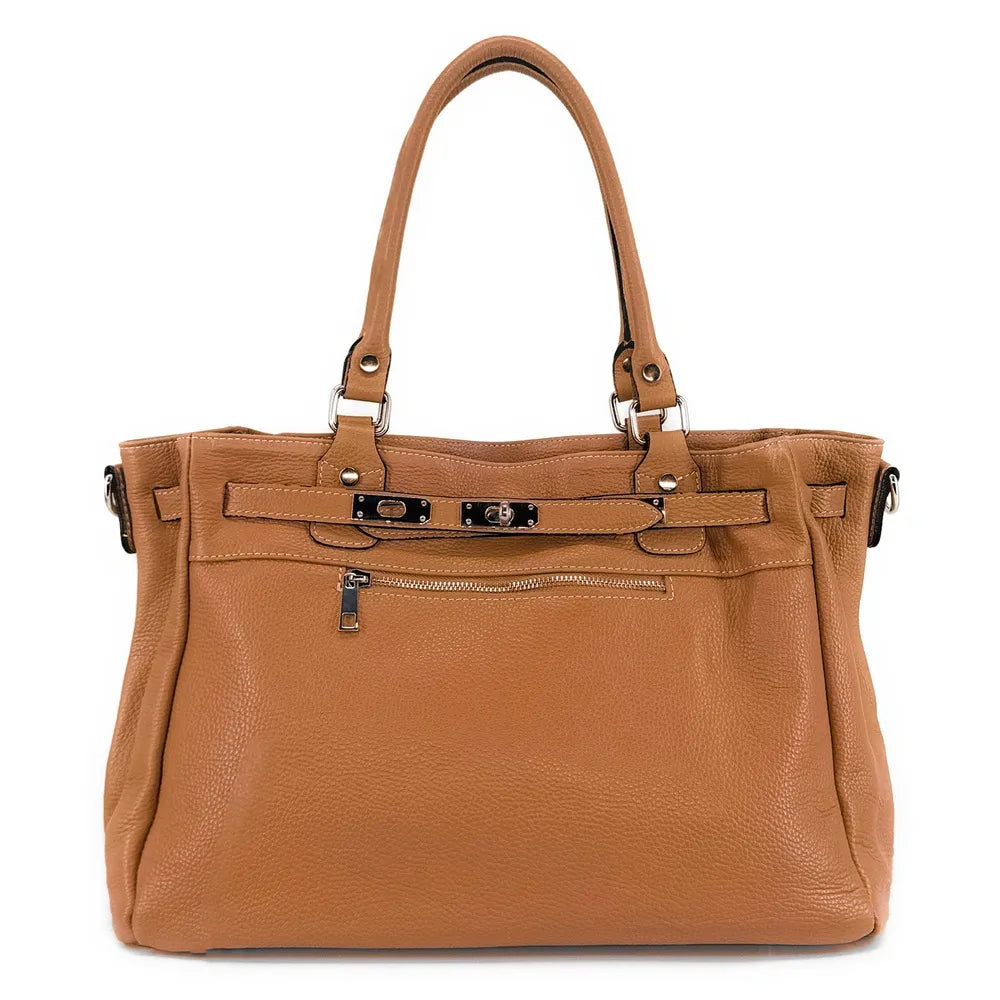 Sac cabas en cuir grainé JANET SILVER Camel foncé