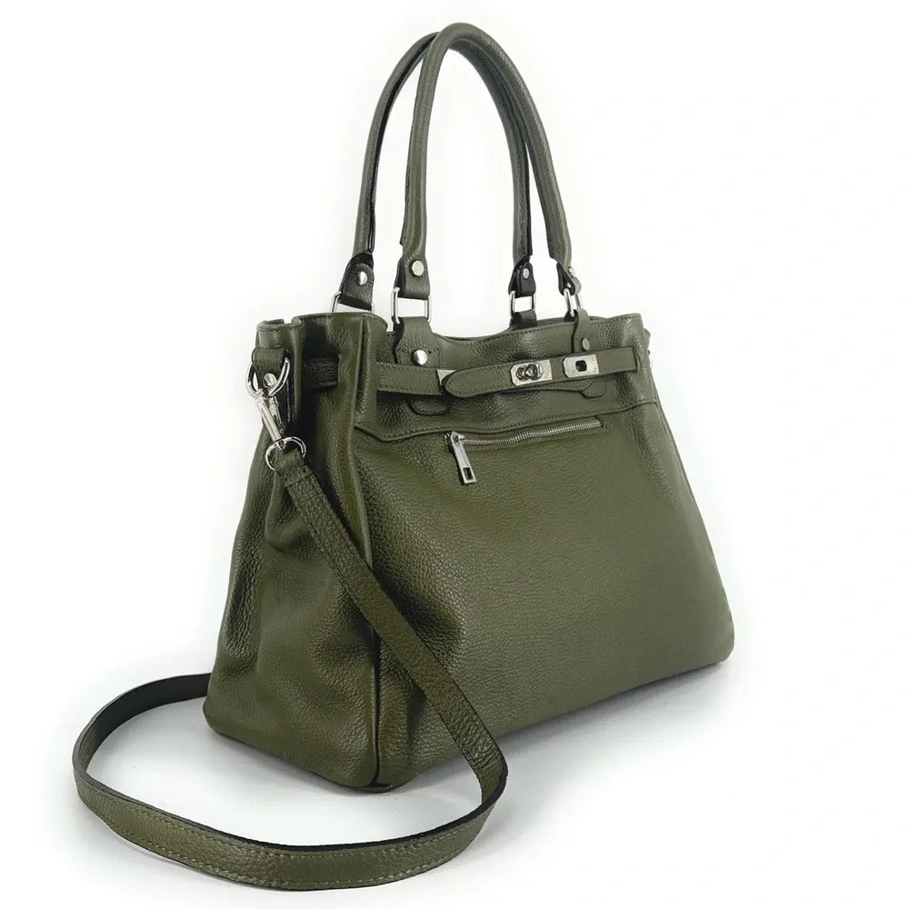 Sac cabas en cuir grainé JANET SILVER Kaki
