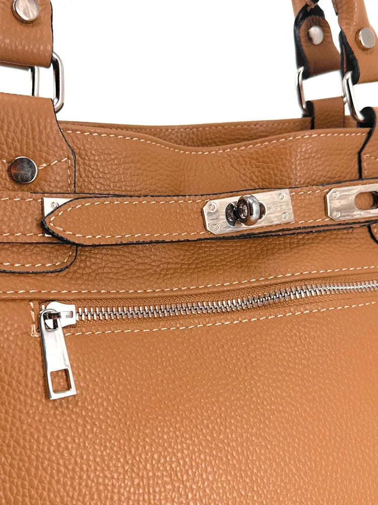 Sac cabas en cuir grainé JANET SILVER Camel foncé