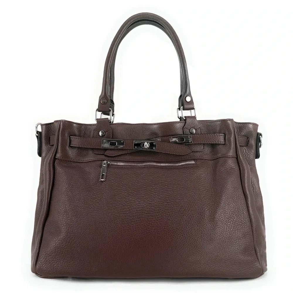 Sac cabas en cuir grainé JANET SILVER Chocolat