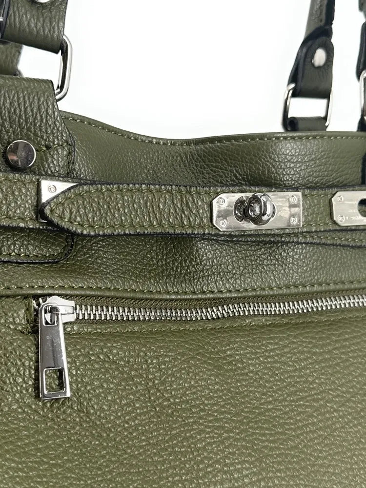 Sac cabas en cuir grainé JANET SILVER Kaki