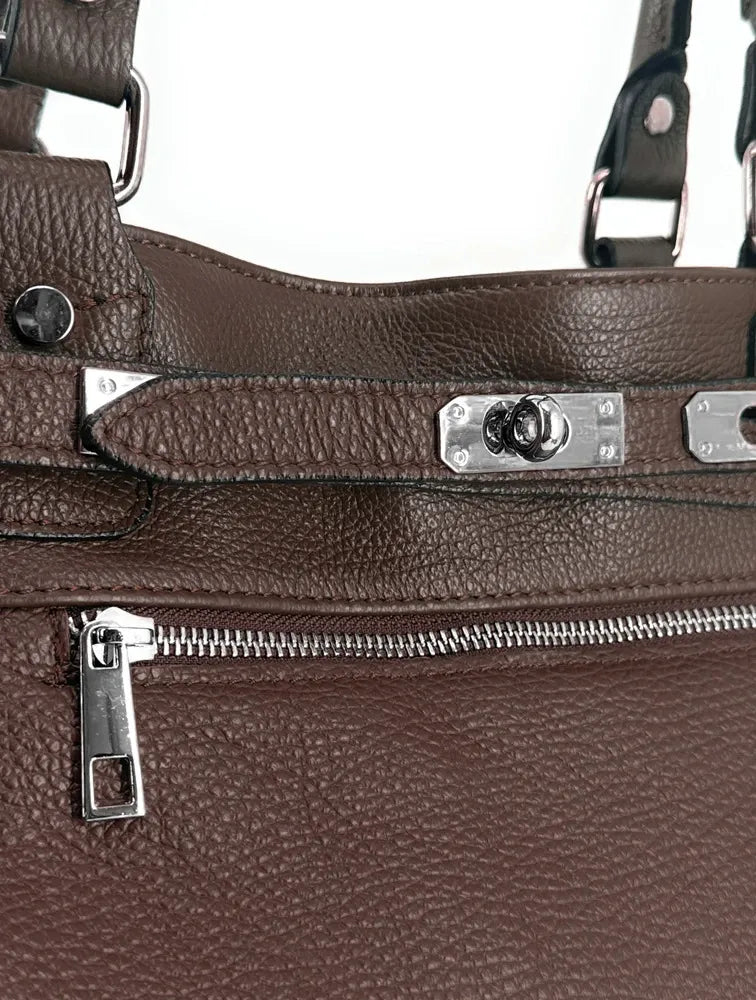 Sac cabas en cuir grainé JANET SILVER Chocolat