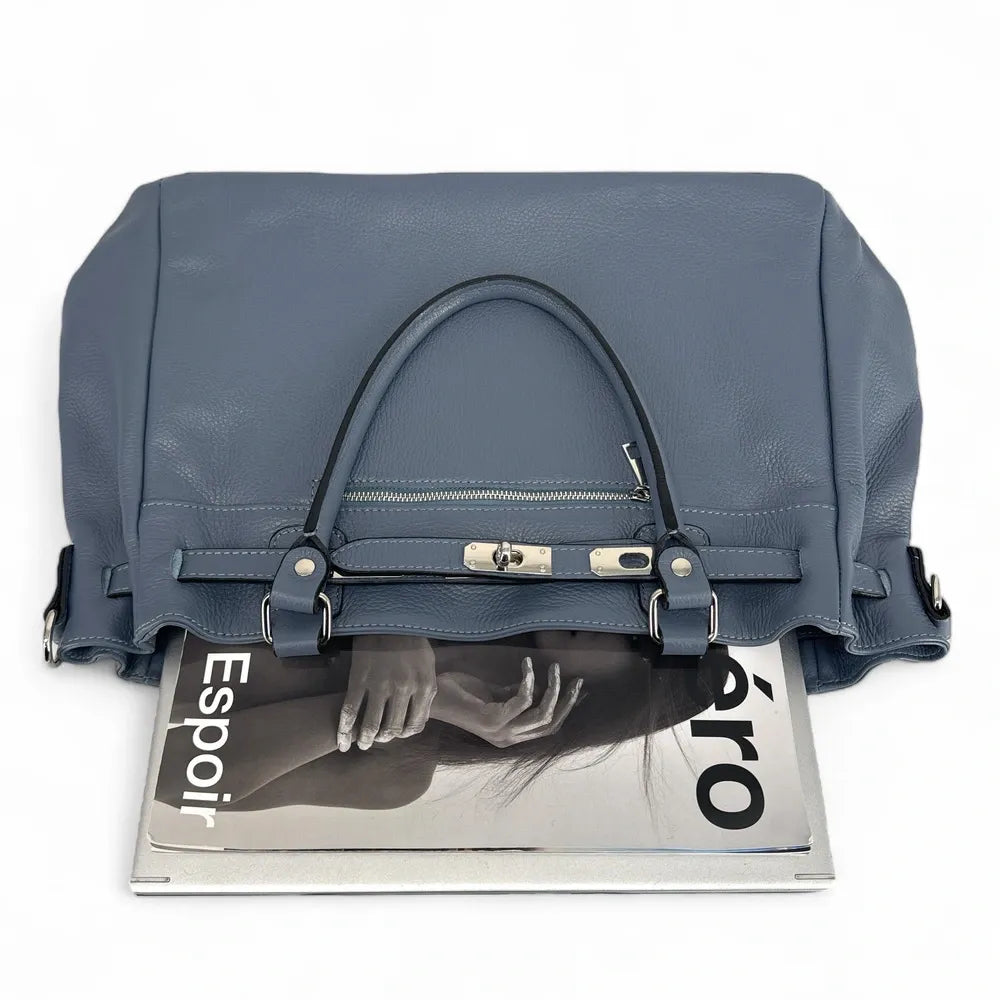 Sac cabas en cuir grainé JANET SILVER Bleu glacier