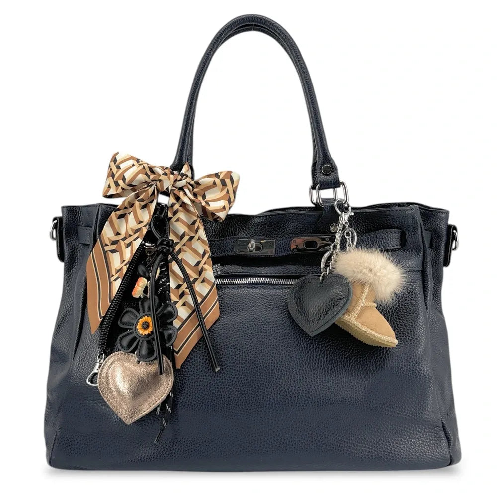 Sac cabas en cuir grainé JANET SILVER Bleu marine