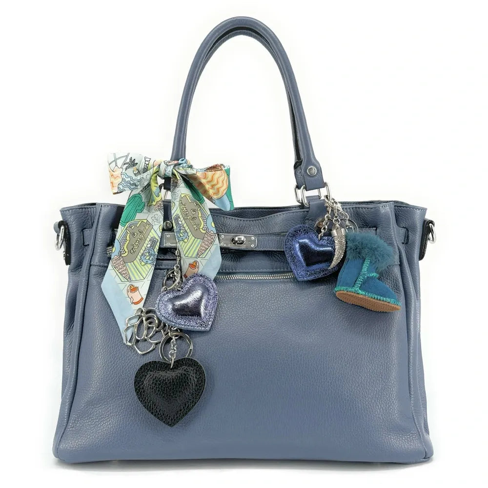 Sac cabas en cuir grainé JANET SILVER Bleu glacier