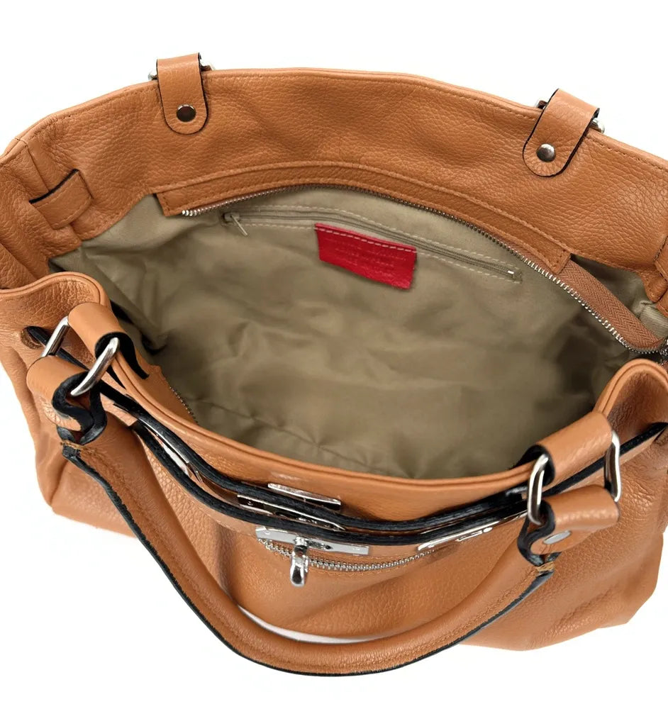 Sac cabas en cuir grainé JANET SILVER Camel foncé