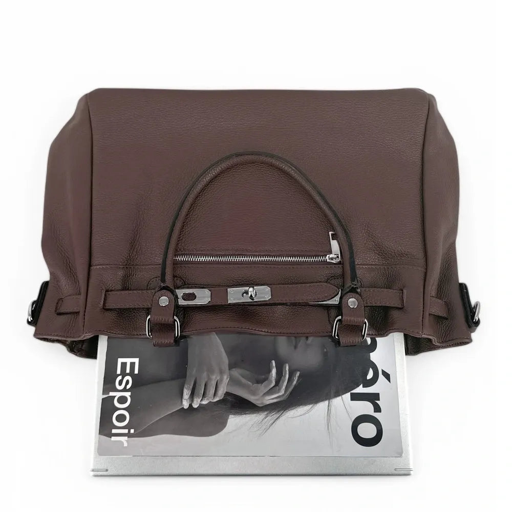 Sac cabas en cuir grainé JANET SILVER Chocolat