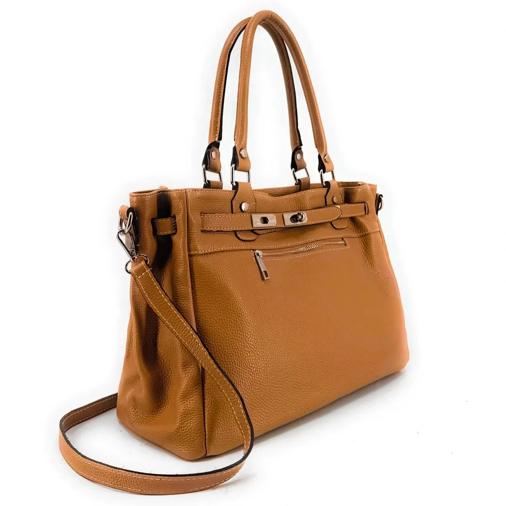 Sac cabas en cuir grainé JANET SILVER Camel clair