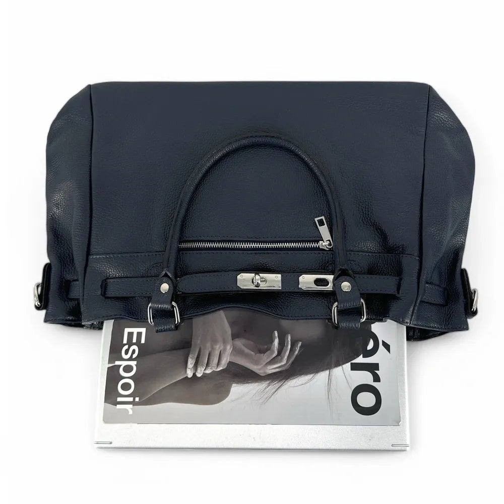 Sac cabas en cuir grainé JANET SILVER Bleu marine