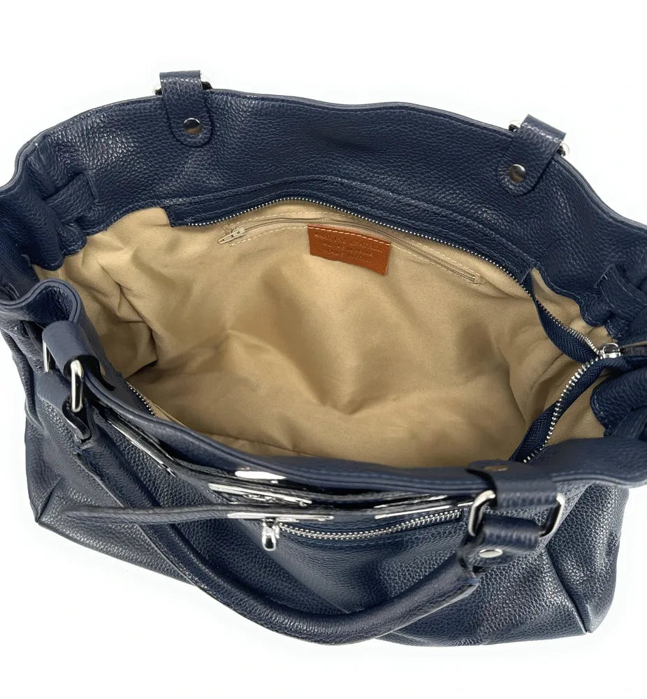 Sac cabas en cuir grainé JANET SILVER Bleu marine