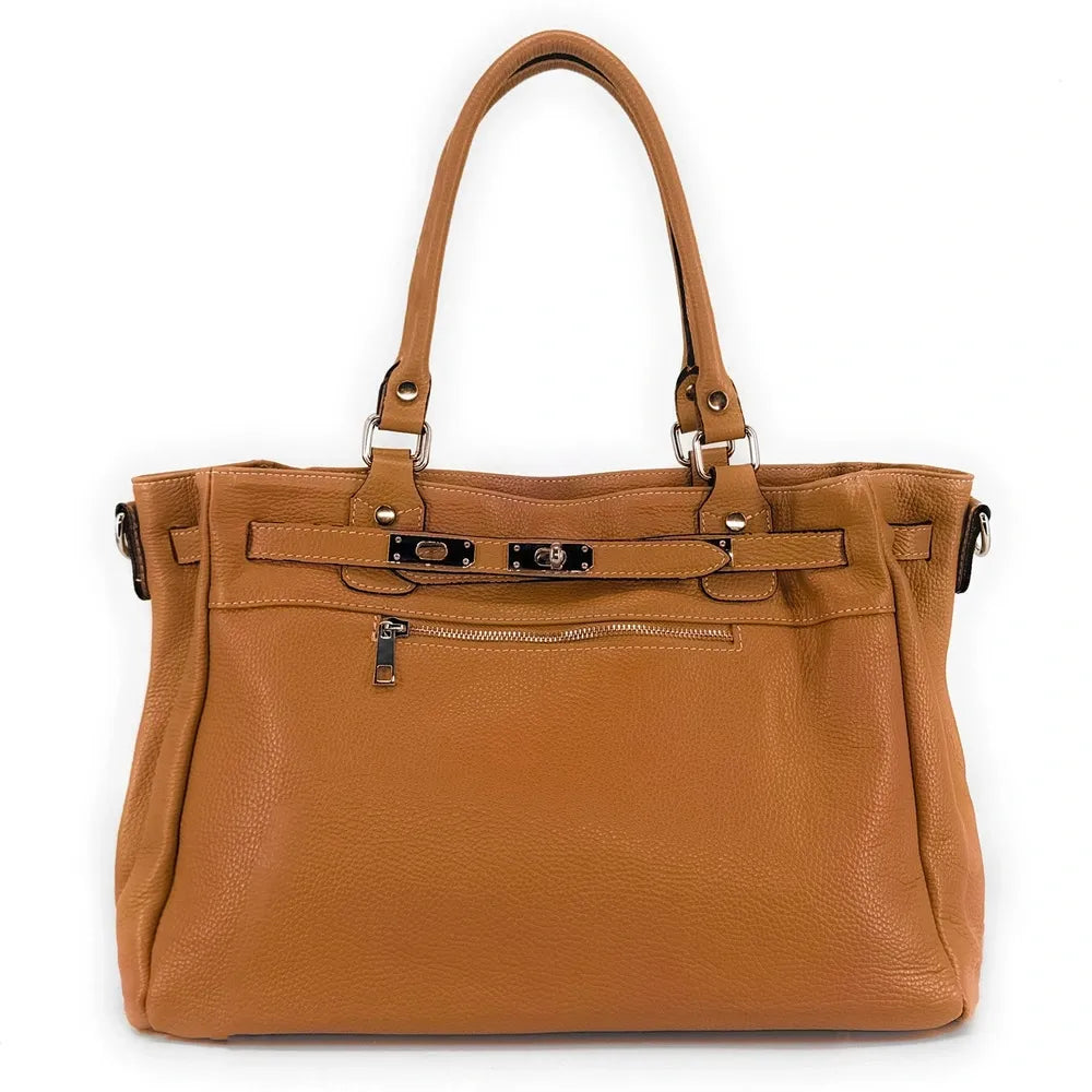 Sac cabas en cuir grainé JANET SILVER Camel clair