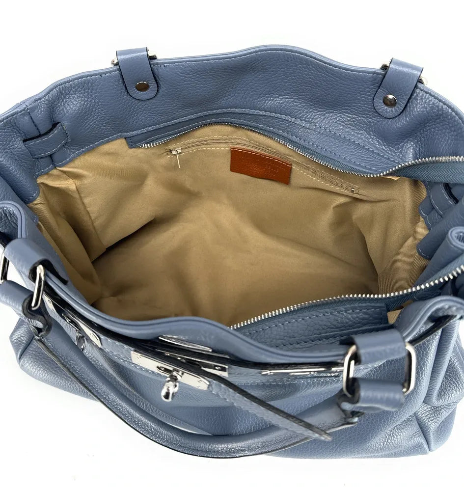 Sac cabas en cuir grainé JANET SILVER Bleu glacier