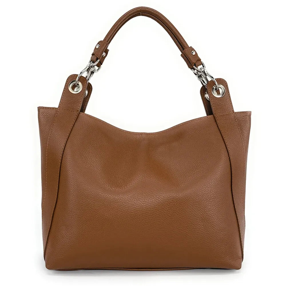 Sac cabas en cuir grainé PARIS Cognac foncé