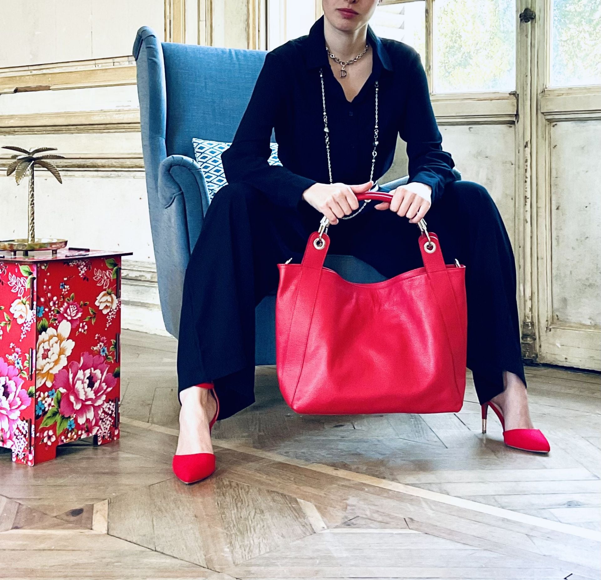 Sac cabas en cuir grainé PARIS Rouge garance