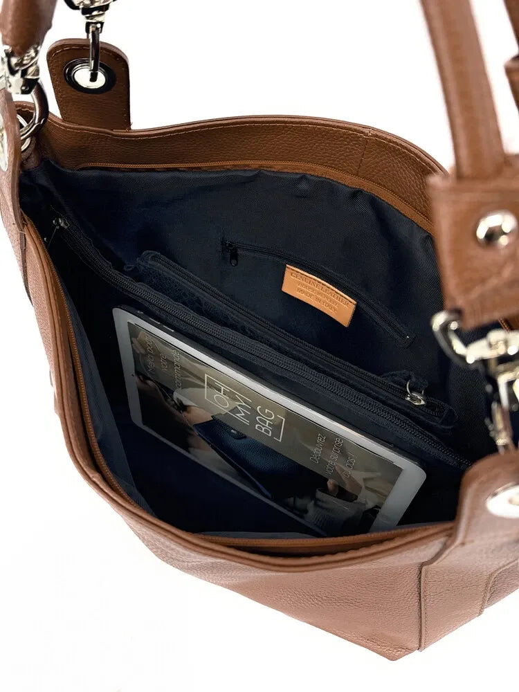 Sac cabas en cuir grainé PARIS Cognac foncé