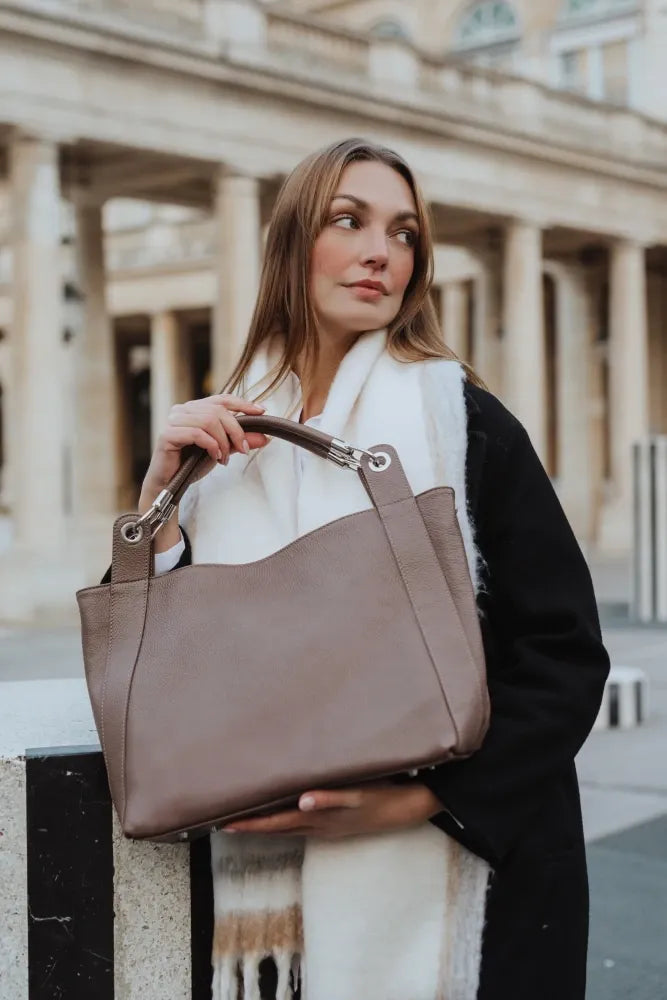 Sac cabas en cuir grainé PARIS Taupe foncé