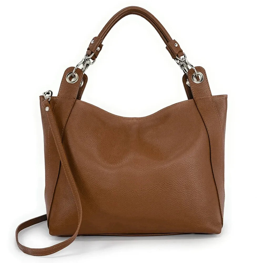 Sac cabas en cuir grainé PARIS Cognac foncé