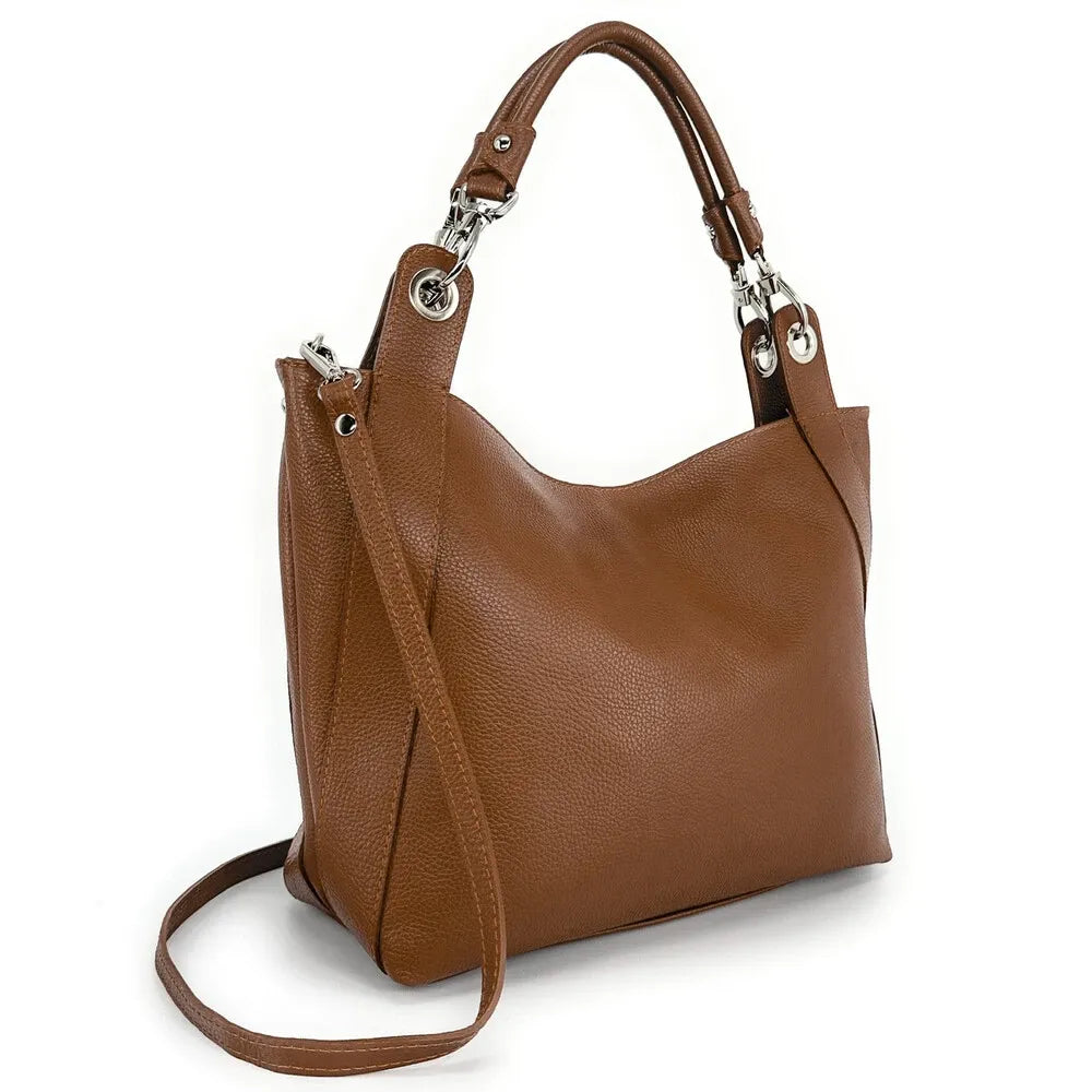 Sac cabas en cuir grainé PARIS Cognac foncé
