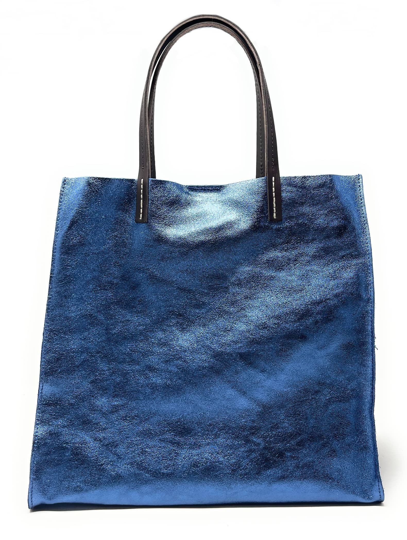 Sac cabas en cuir irisé SILVER Bleu céleste