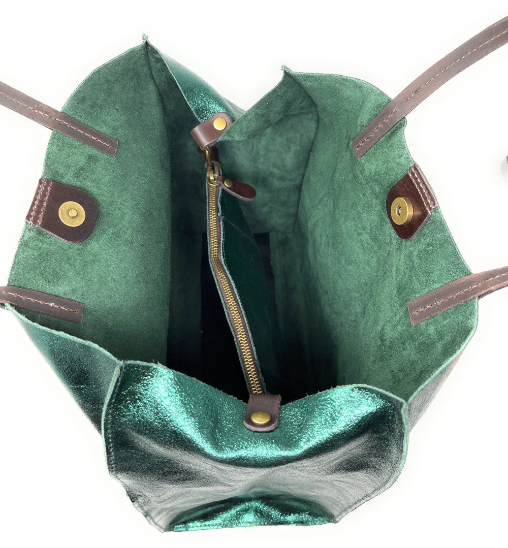 Sac cabas en cuir irisé SILVER Vert canard irisé
