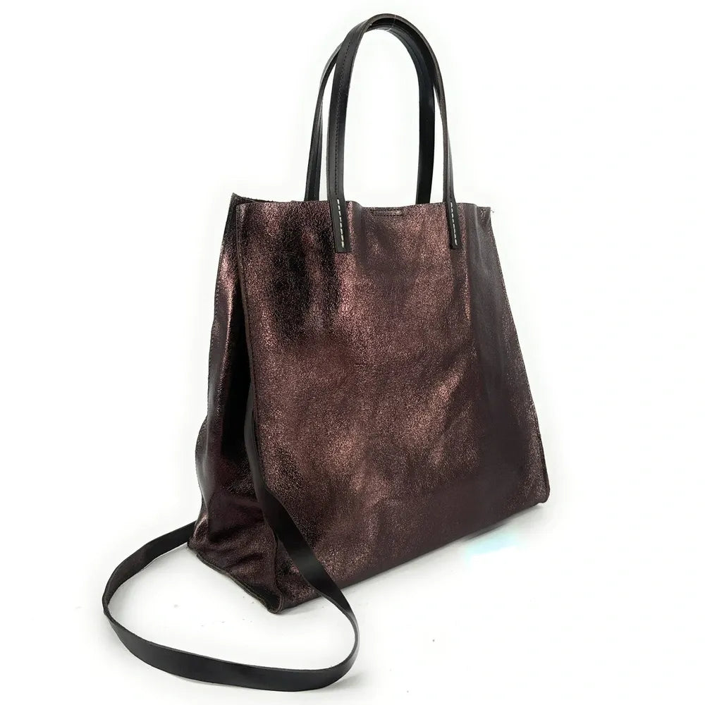 Sac cabas en cuir irisé SILVER Chocolat irisé