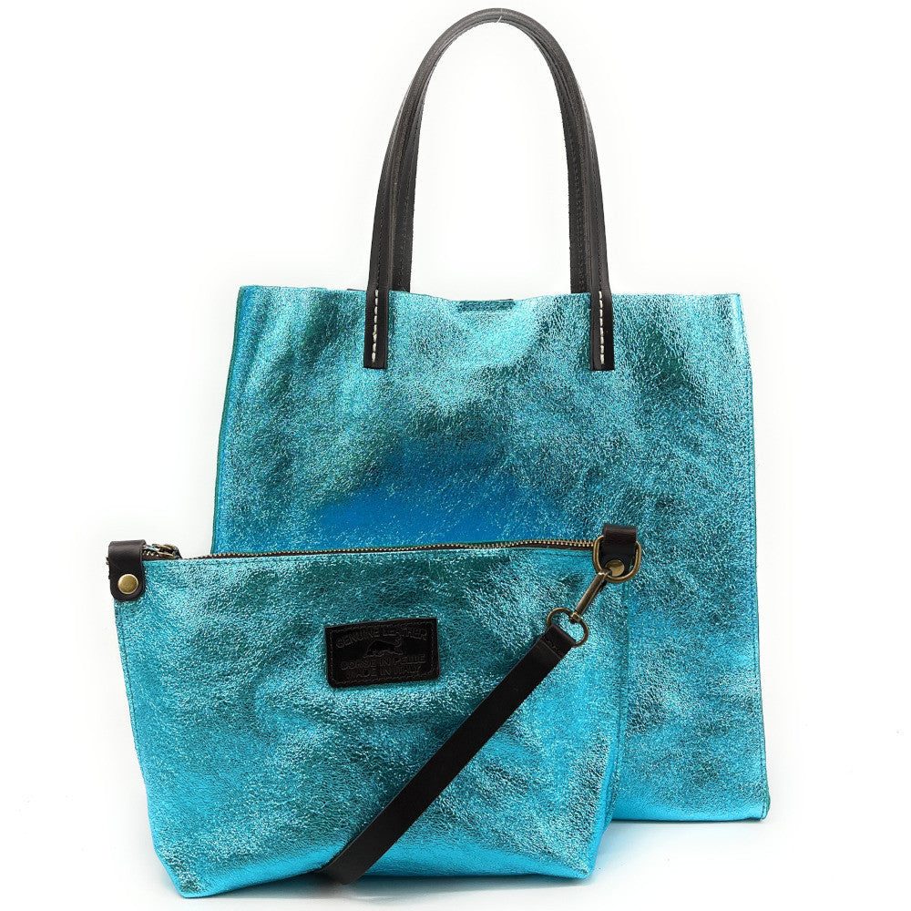 Sac cabas en cuir irisé SILVER Turquoise irisé