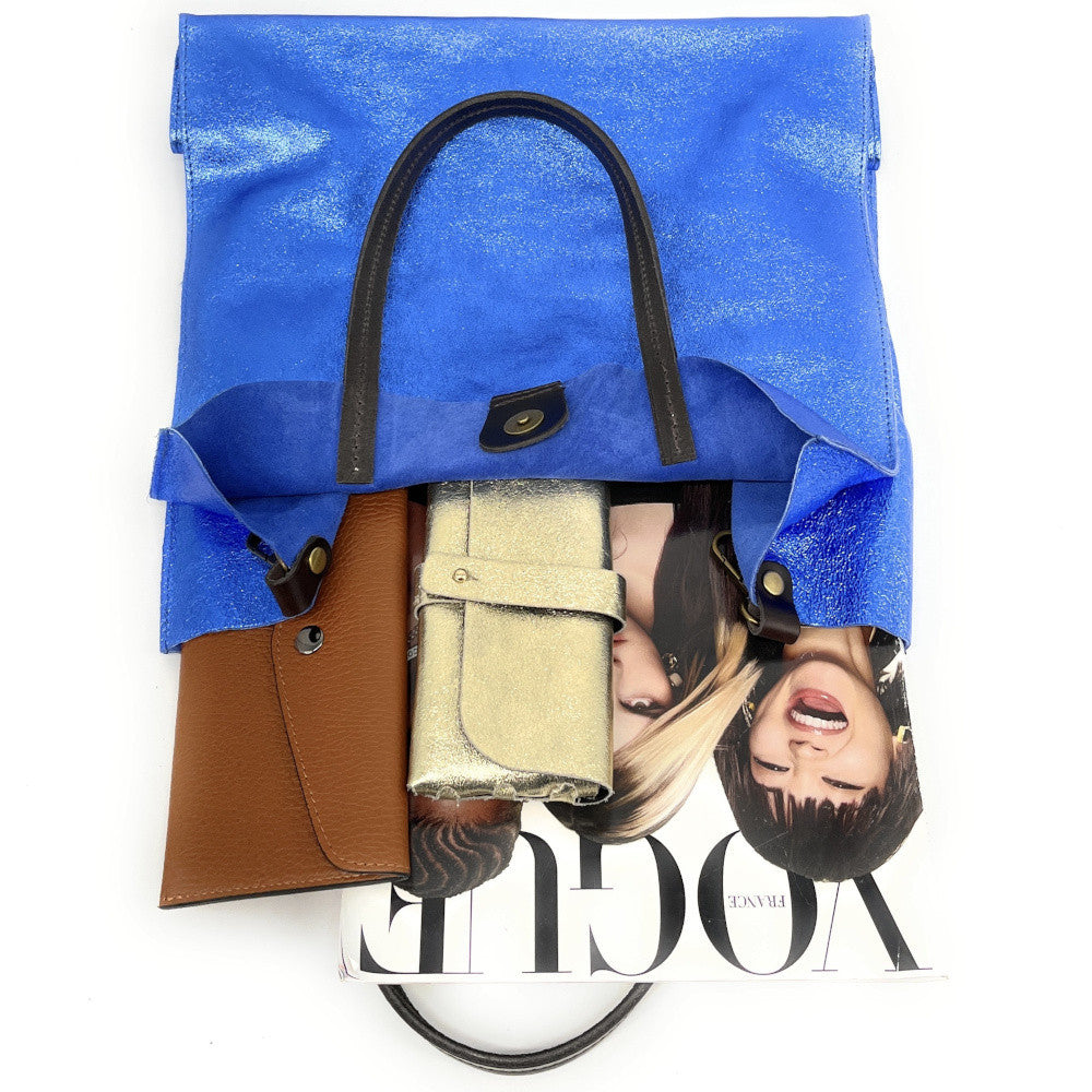 Sac cabas en cuir irisé SILVER Bleu roi irisé