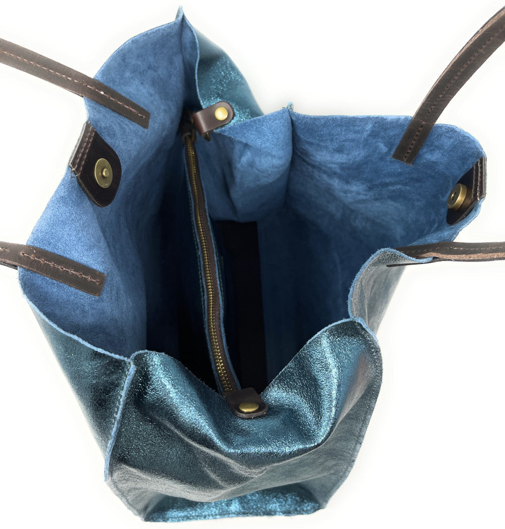 Sac cabas en cuir irisé SILVER Bleu paon irisé