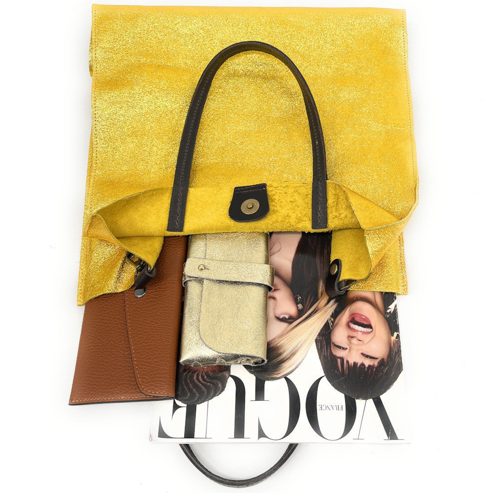 Sac cabas en cuir irisé SILVER Jaune Moutarde