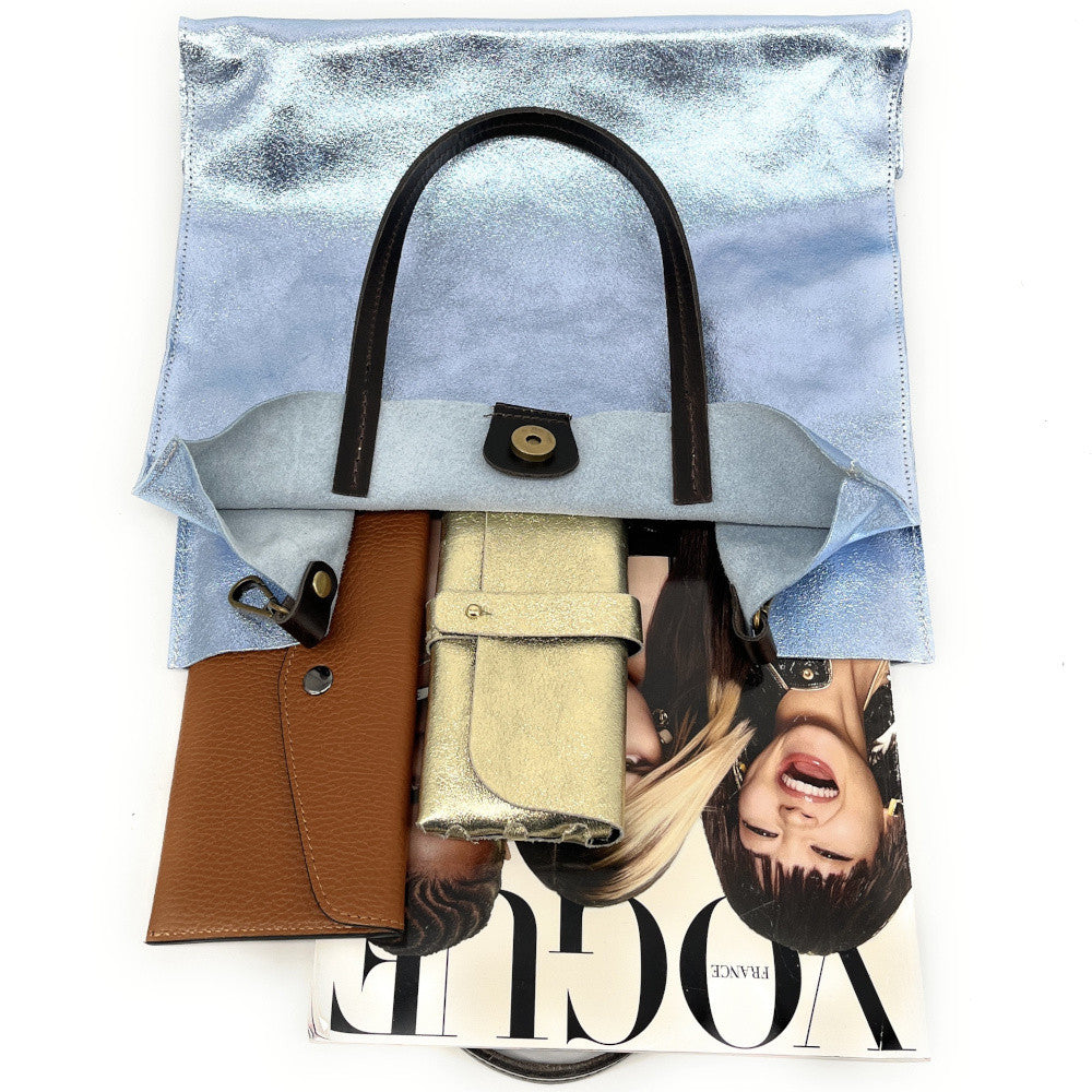 Sac cabas en cuir irisé SILVER Bleu pastel irisé