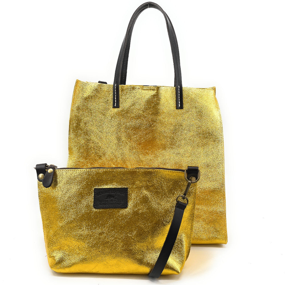 Sac cabas en cuir irisé SILVER Jaune Moutarde