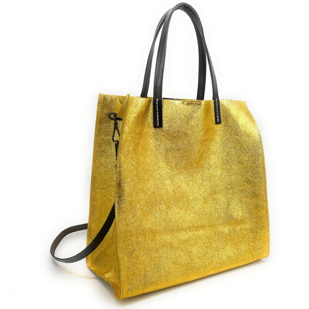 Sac cabas en cuir irisé SILVER Jaune Moutarde