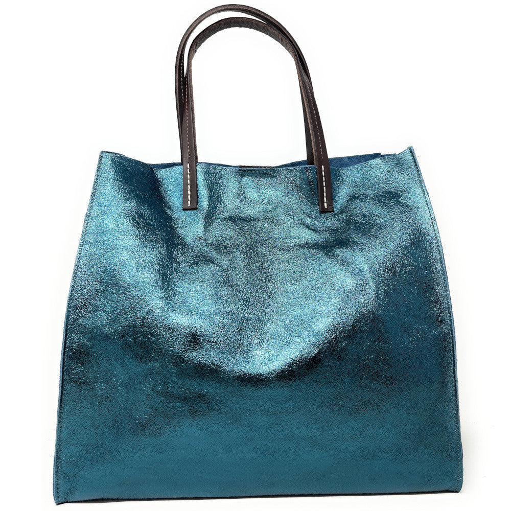Sac cabas en cuir irisé SILVER Bleu paon irisé